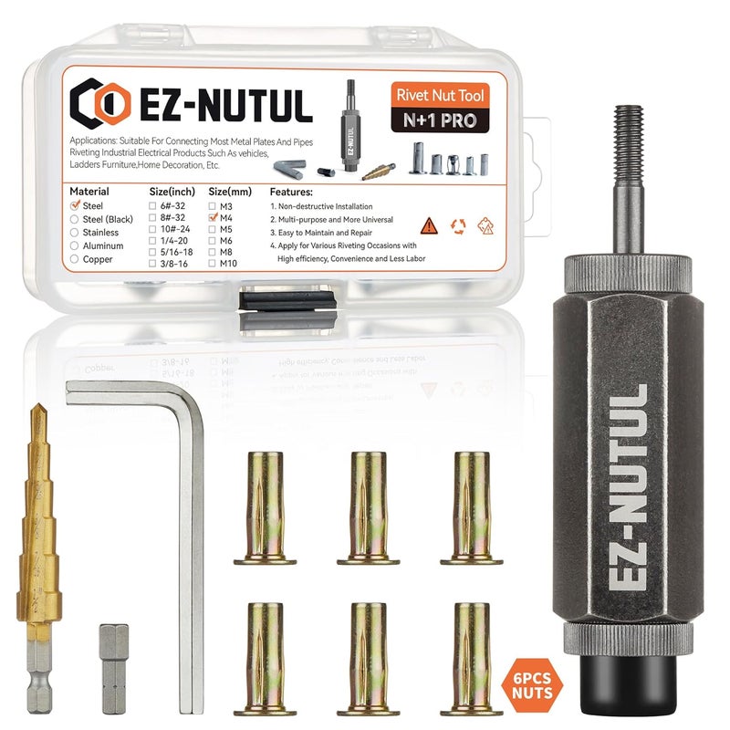 EZ-NUTUL Multi-Grip Rivet Nut Installation Tool Set Pre-Bulbed Shank Flat Head Threaded Insert Nut Plus Nuts Assortment Kit Cross Rivnut for Construction Industrial (M4(Plus Nut Tool-6pcs)) - Image 1
